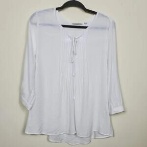 Notations Boho Peasant Blouse White Sheer Tie Front Long Sleeve Women Size M